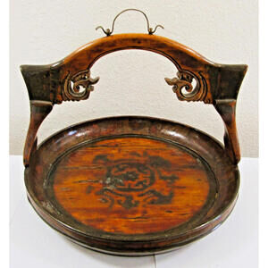 Antique 19th Century Hand-Carved Chinese Wooden Offering Basket with Design
